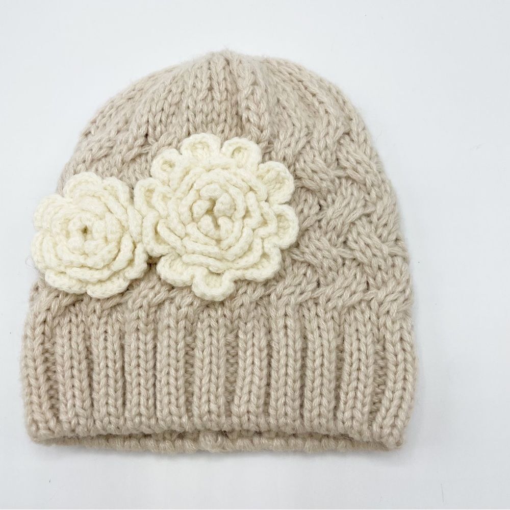 Starting Out neutral tone knit beanie with flowers